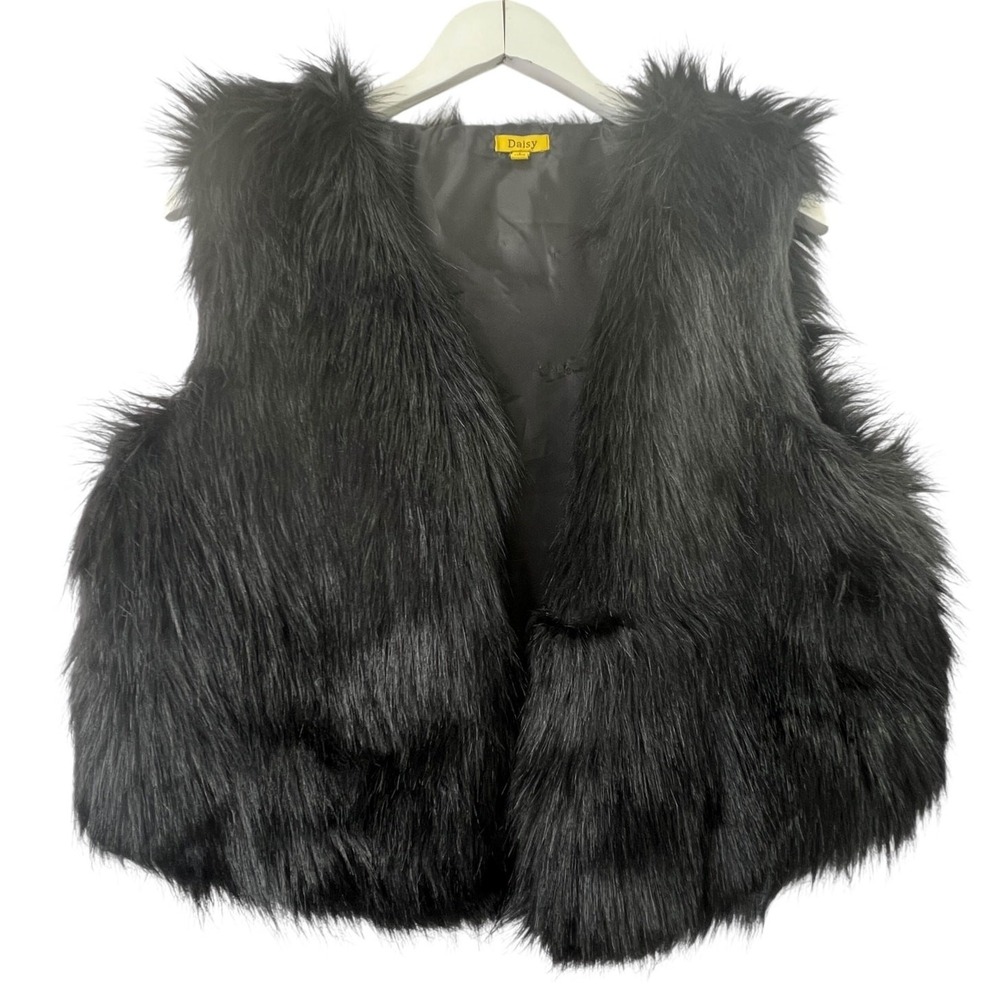 Daisy Black Shaggy Faux Fur Vest Sleeveless Open Front Layering Piece Women L